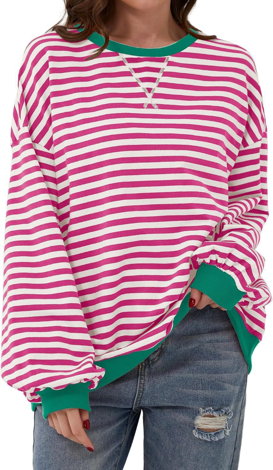 Femme Cozy Overdimensioneret Stripet Pullover Sweatshirt Stilla
