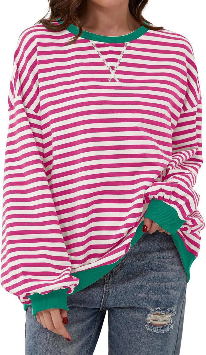 Femme Cozy Overdimensioneret Stripet Pullover Sweatshirt Stilla