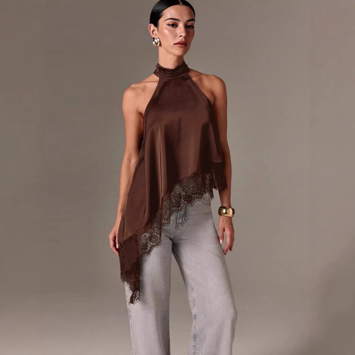 Damer luftig chiffon-top med elegant spidsudsmykning Skovae