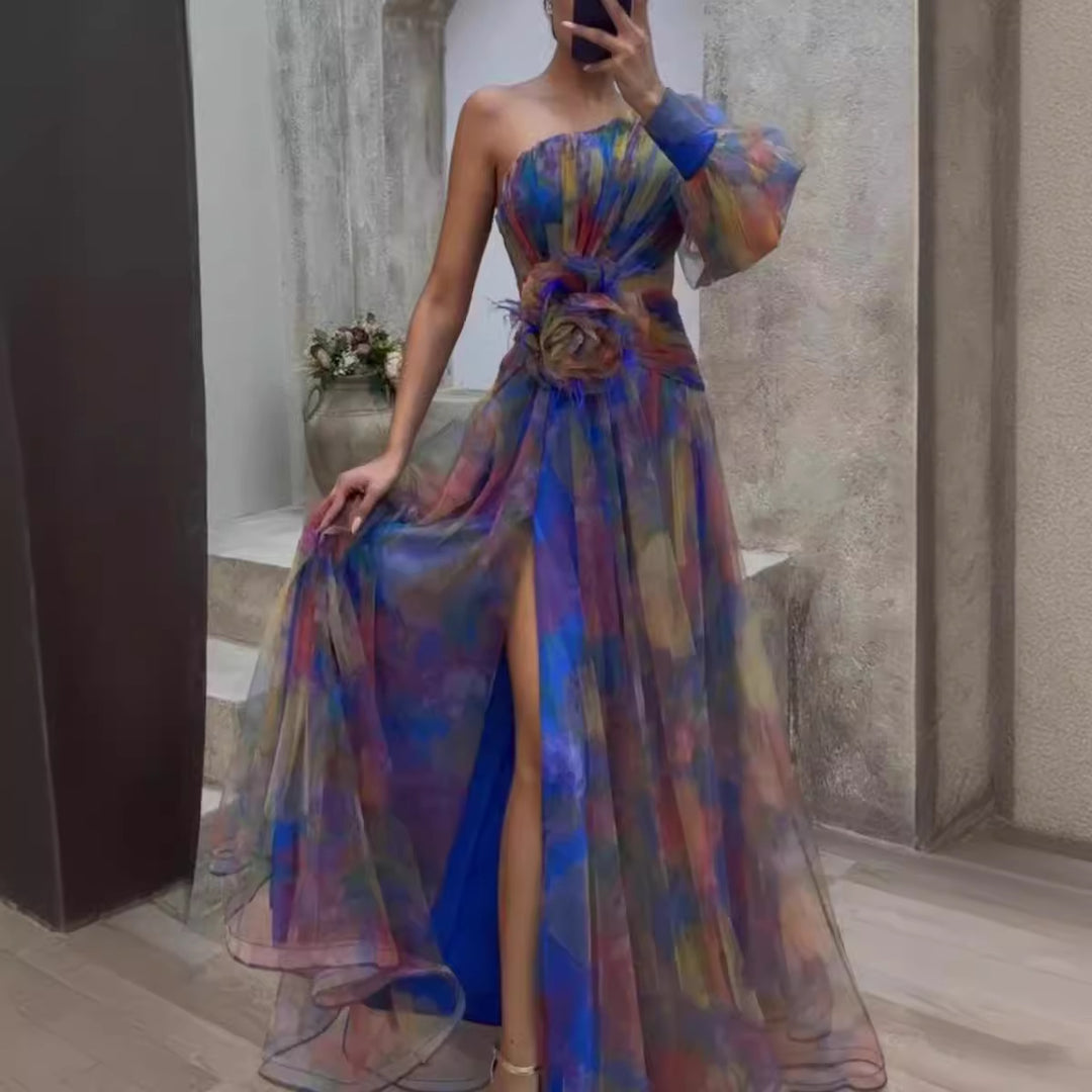 Dame Elegant Maxi Kjole med Asymmetrisk Design og Blomster Accenter Skovae