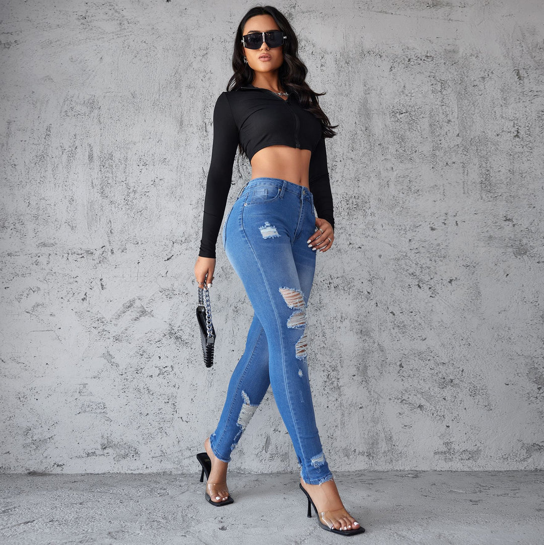 Dame Ripped Skinny Jeans med høj talje og stilfulde distressed-detaljer Stilla