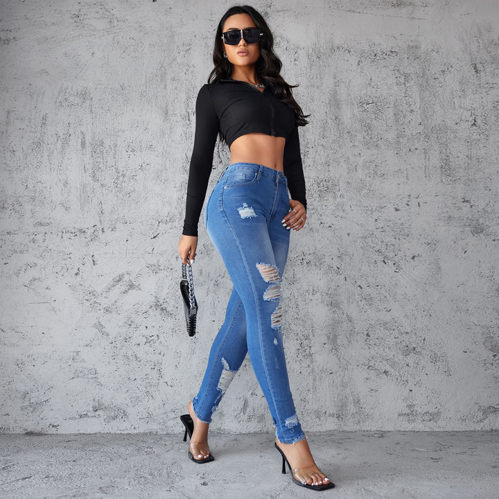Dame Ripped Skinny Jeans med høj talje og stilfulde distressed-detaljer Stilla