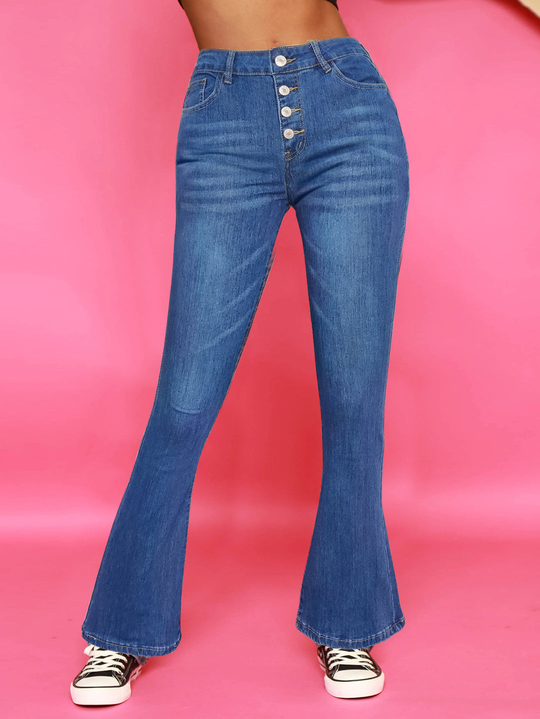 Dame Flared Jeans med høj talje og dekorative knapdetaljer Stilla