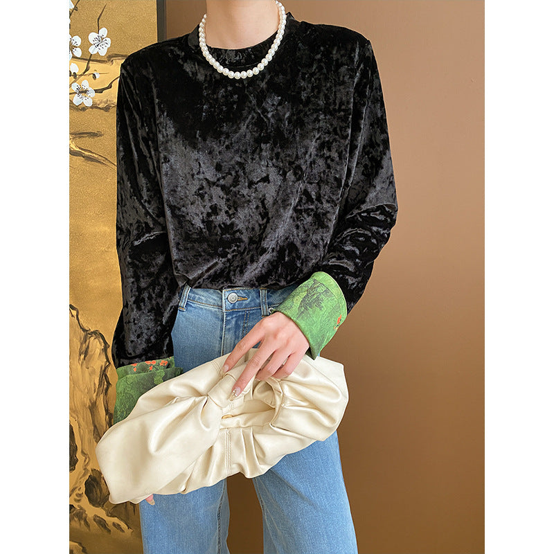 Damer velour top med lange ærmer og elegant rund halsudskæring Stilla