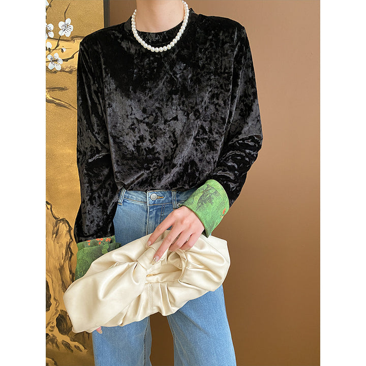 Damer velour top med lange ærmer og elegant rund halsudskæring Stilla