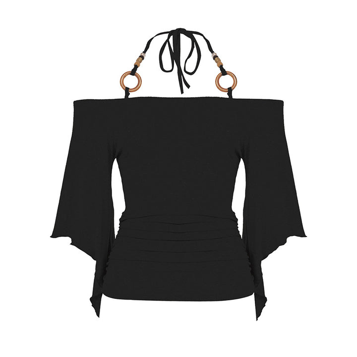 Dame Off-Shoulder Top med voluminøse ærmer og dekorative bindingsdetaljer Skovae