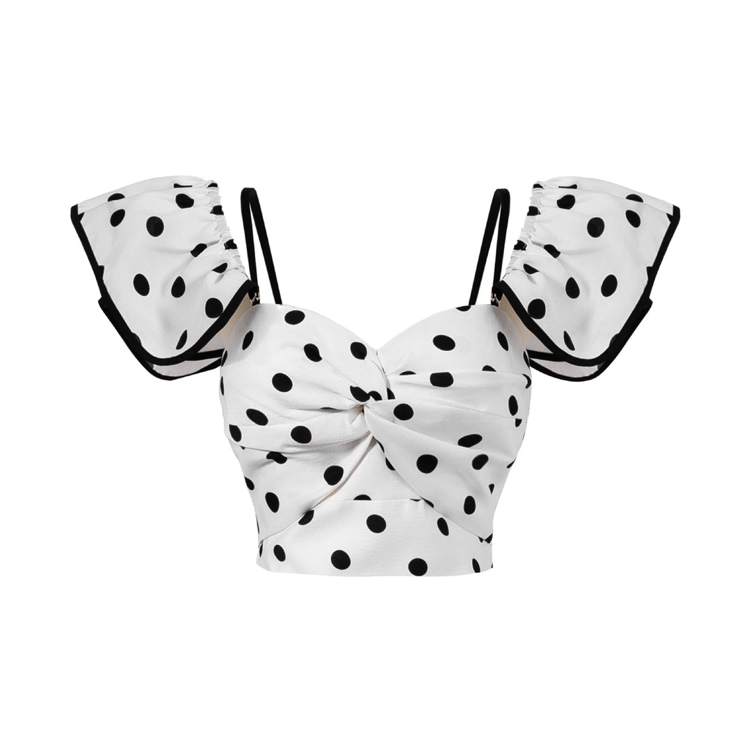 Dame Crop-Top med flæseærmer og legende prikkedesign Stilla