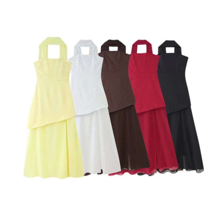 Femme Elegantes Halterneck Maxi Kjole med Draperet Asymmetrisk Kant Stilla