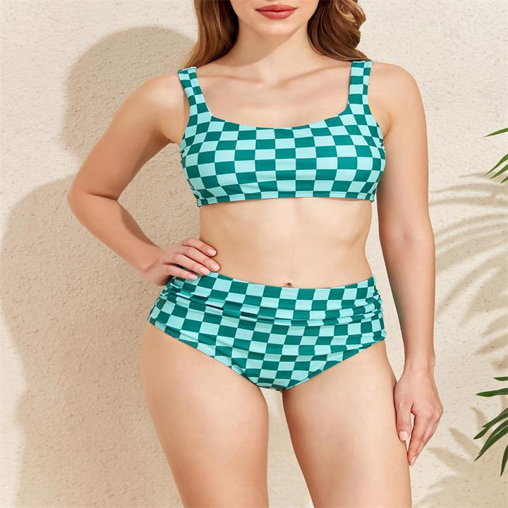 Dame Bikini-sæt med moderigtigt rutemønster og høj taljeskæring Skovae