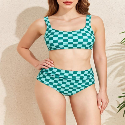 Dame Bikini-sæt med moderigtigt rutemønster og høj taljeskæring Skovae
