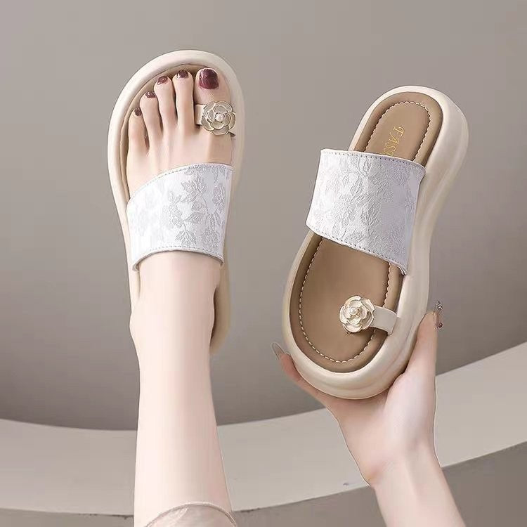 Dame Komfortable Tåsplit Sandaler med elegant Blomsterapplikation og fleksibel Såle Stilla