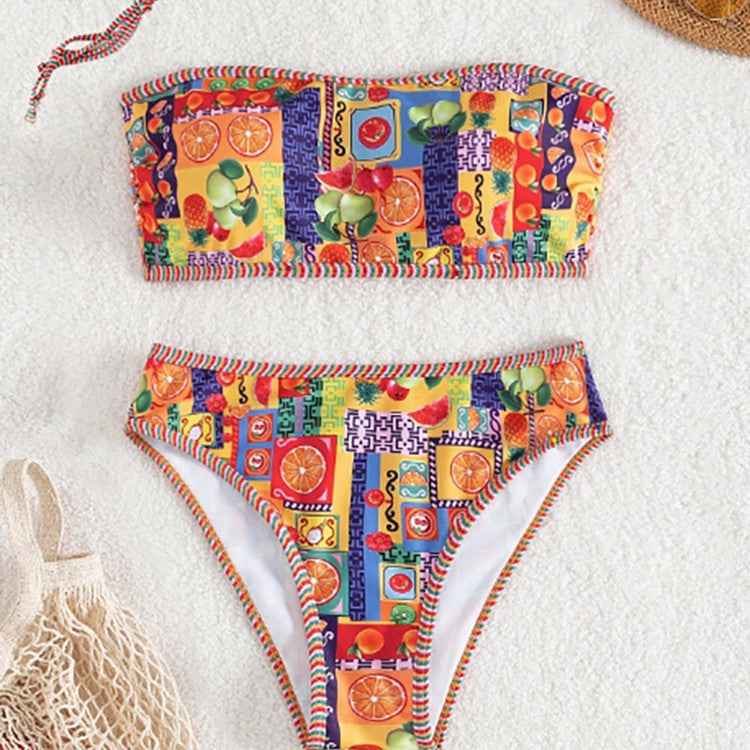 Dame Bandeau-Bikini med farverigt mønster og elastisk bund Skovae