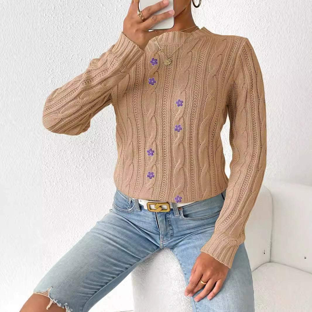 Damer Stor strikpullover med dekorative blomsterapplikationer Stilla