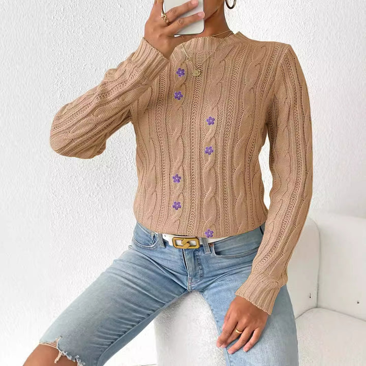 Damer Stor strikpullover med dekorative blomsterapplikationer Stilla