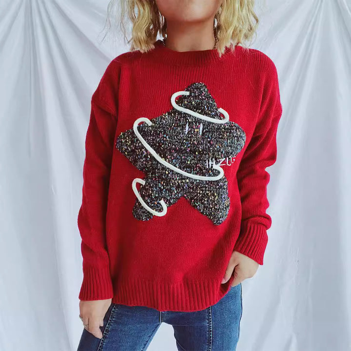 Kvindernes strikkede sweater med glitrende stjerne motiv og løs pasform Stilla