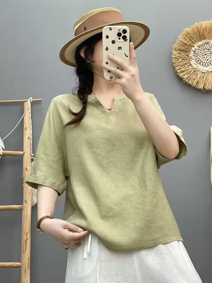Femme Let V-Udskæring Linned Top Stilla