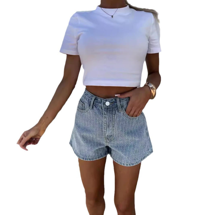 Dame High-Waist Jeans-Shorts i tidløst stribedesign Stilla