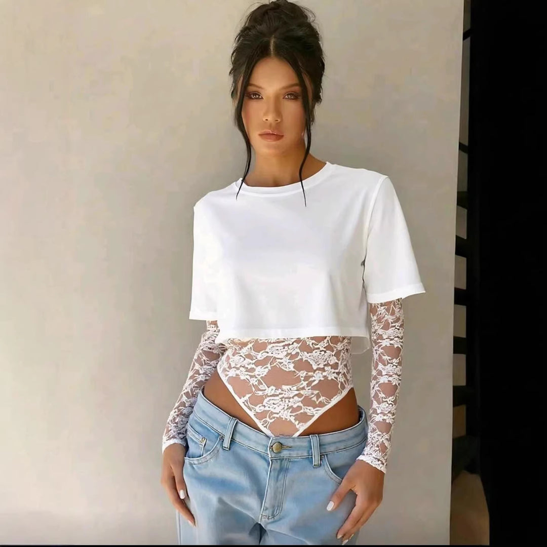 Dame Bodyshirt med transparente spidsærmer og afslappet pasform Skovae