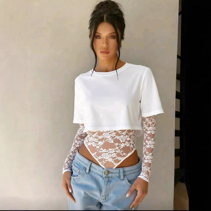 Dame Bodyshirt med transparente spidsærmer og afslappet pasform Skovae