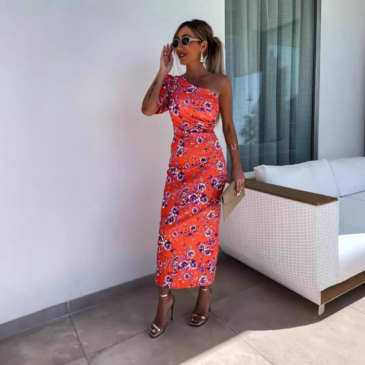 Femme One-Shoulder Maxi-Kjole med livlig grafiktryk Stilla