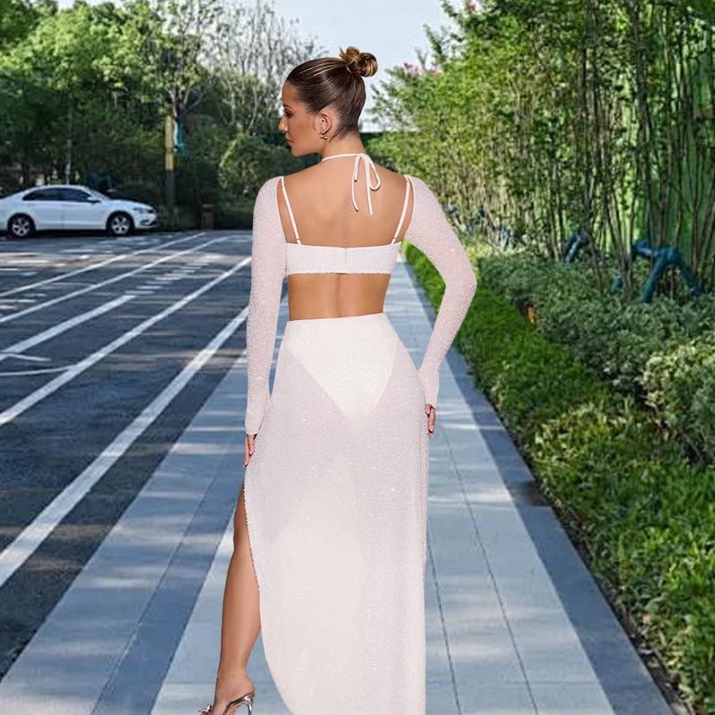 Damer Glamour maxi kjole med glansfulde detaljer og side split Skovae