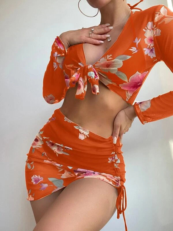 Dame blomstermønster crop top og miniskørt sæt Stilla