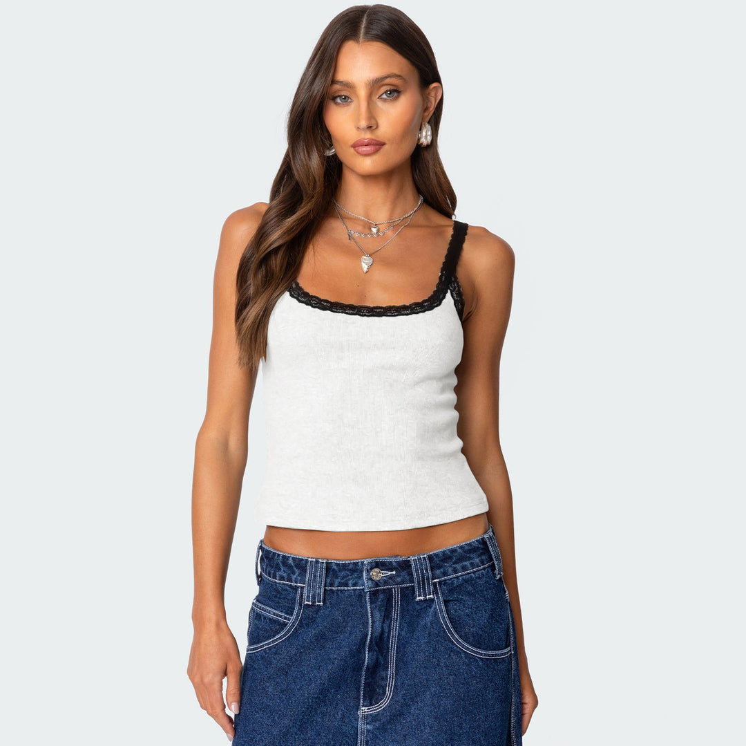 Dame Spaghetti straps top med dekorativt spidskant Stilla