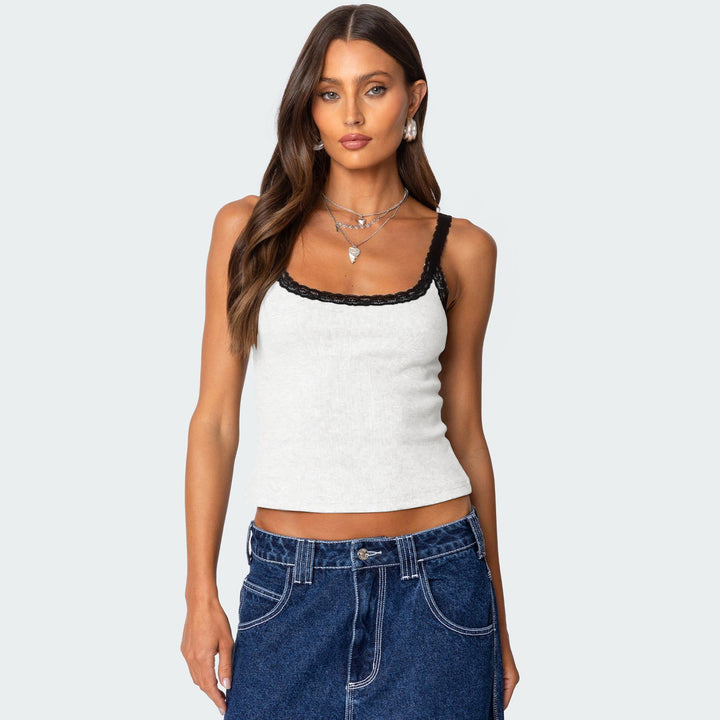 Dame Spaghetti straps top med dekorativt spidskant Stilla