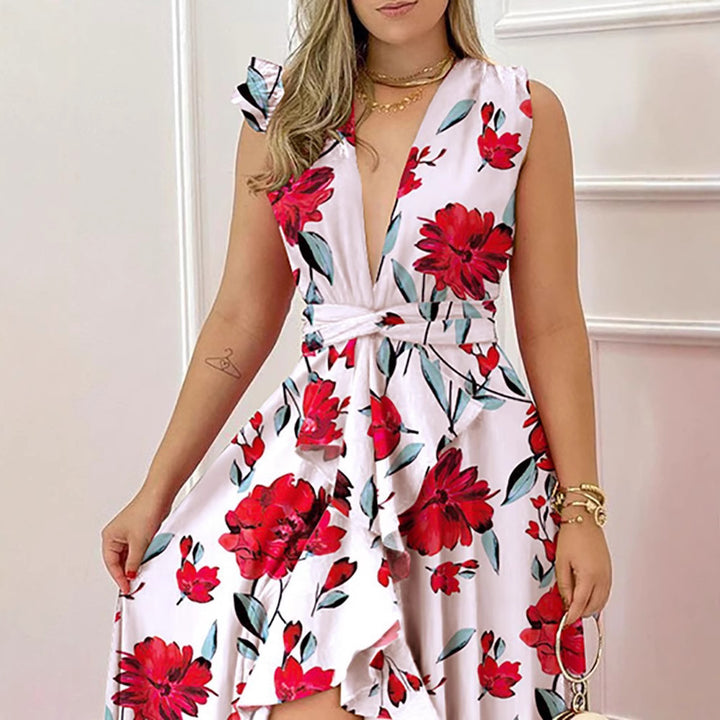 Dame maxikjole med blomsterdesign og dyb v-udskæring Stilla