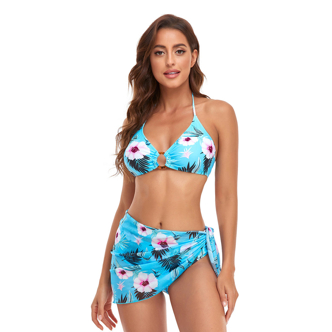 Dame bikini-sæt med moderigtige indpakningsskørt og elegante blomster motiver Stilla