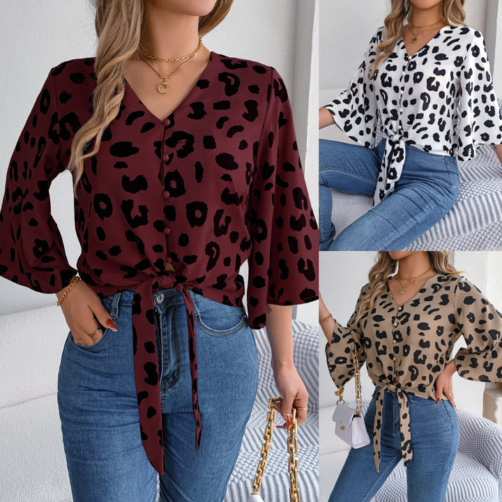 Dame Elegant Blusenskjorte med Leopardskprint og Knapdetalje Stilla