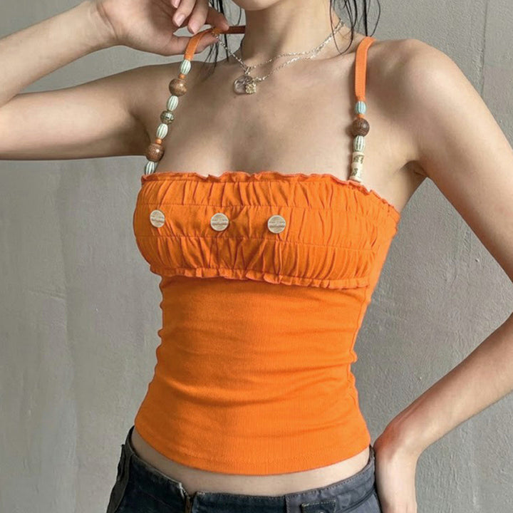 Damen Spitzen-Crop-Top mit dekorativem Rüschen und Knopfdetails Skovae