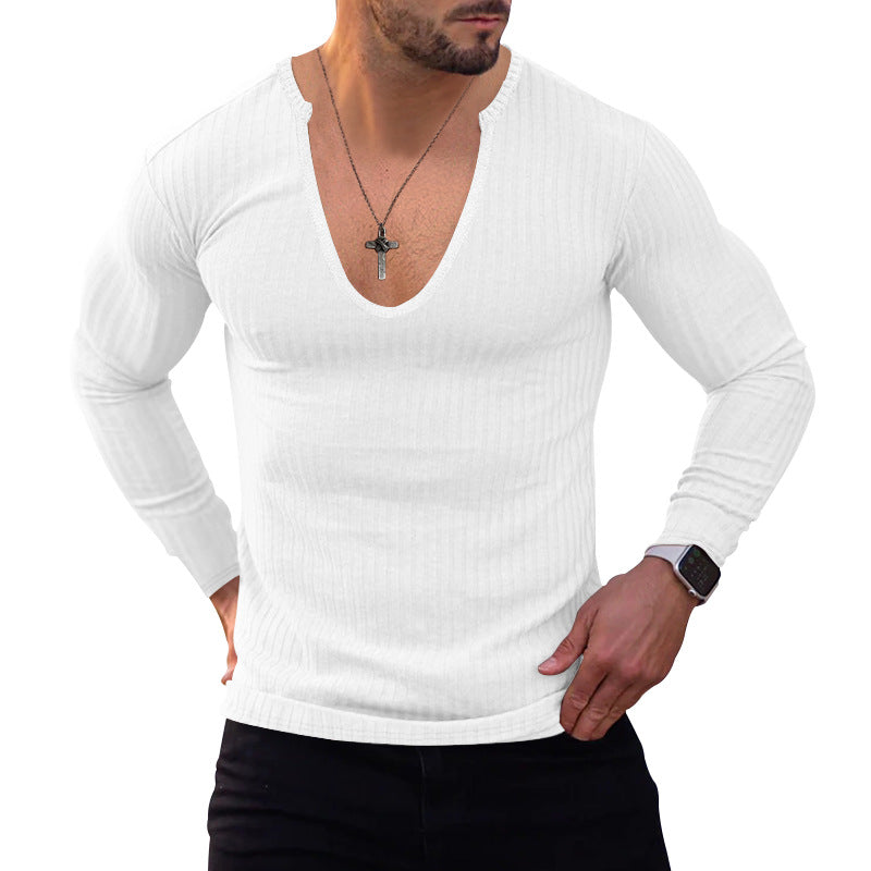 Herrer langærmet V-hals T-shirt med fin ribstruktur Stilla
