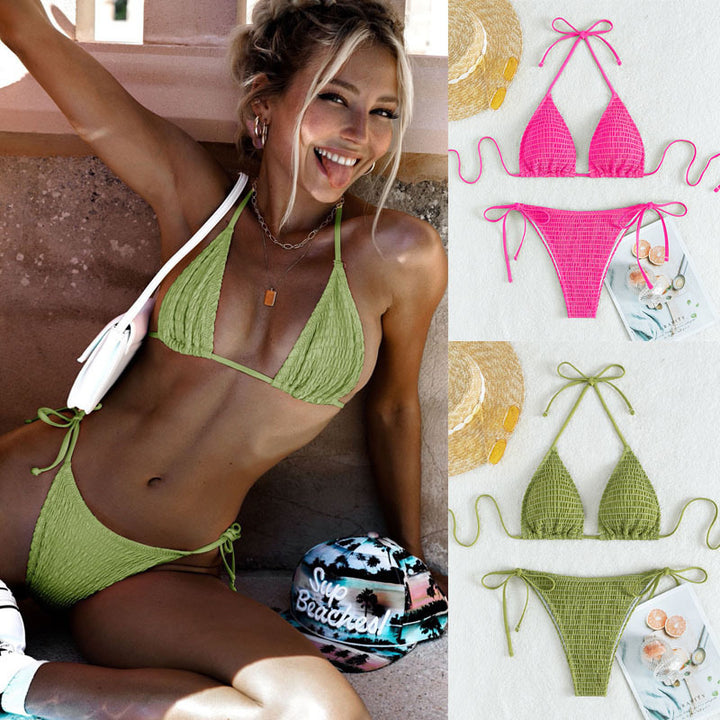 Dame triangel-bikini med fine rynker og sideløbende bindebånd Skovae