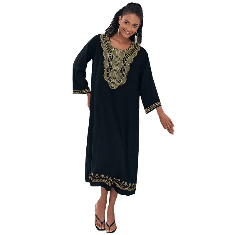Dame elegant Maxikjole med kunstneriske broderier og sidelommer Stilla