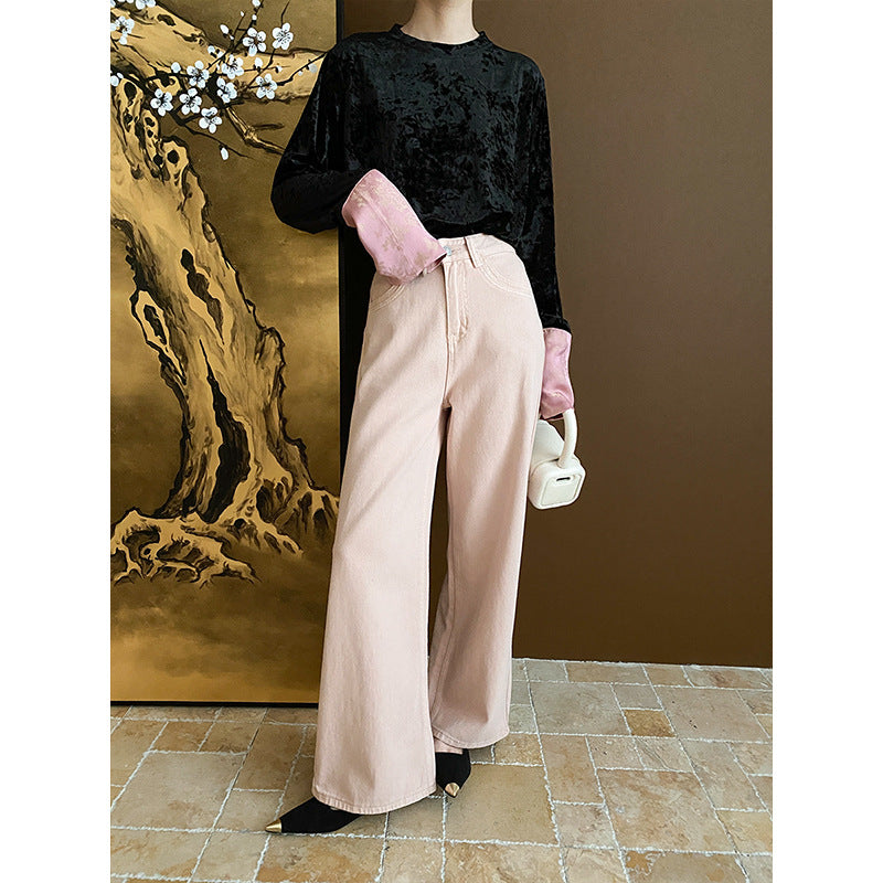 Damer velour top med lange ærmer og elegant rund halsudskæring Stilla