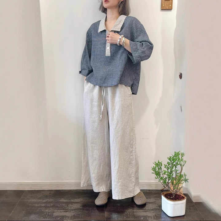 Femme Overstørrelser Linned Button-Up Top og Bredbenet Bukser Sæt Stilla