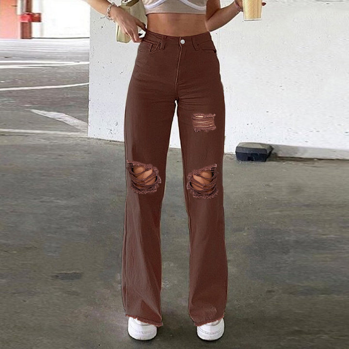 Dame brede high-waist jeans med fashionable revnedetaljer og cool snit Stilla