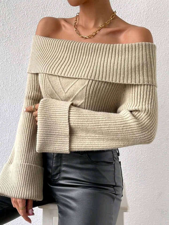Dame Off-Shoulder Strikpullover med bredt bånd og ribstruktur Stilla