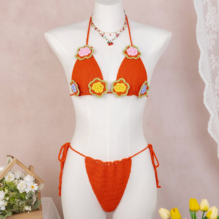 Dame Elegant Hæklet Bikini Sæt med blomsterapplikationer Skovae