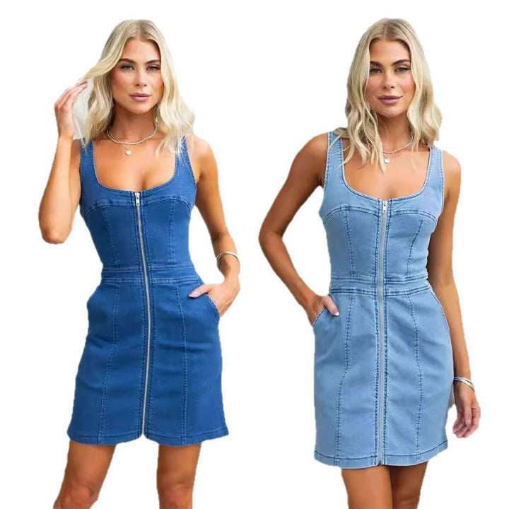 Dame Denim Kjole med Lynlås og Praktiske Lommer Stilla