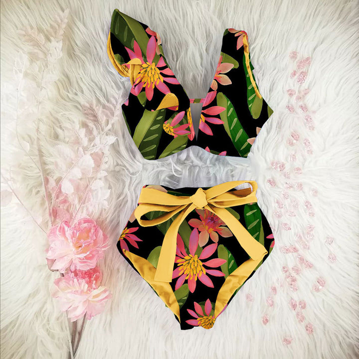 Dame bikini-sæt med voluminøse flæserærmer og høj talje Stilla