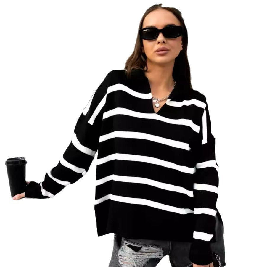 Dame afslappet strikpullover med klassisk polo krave og moderne stribemønster Stilla