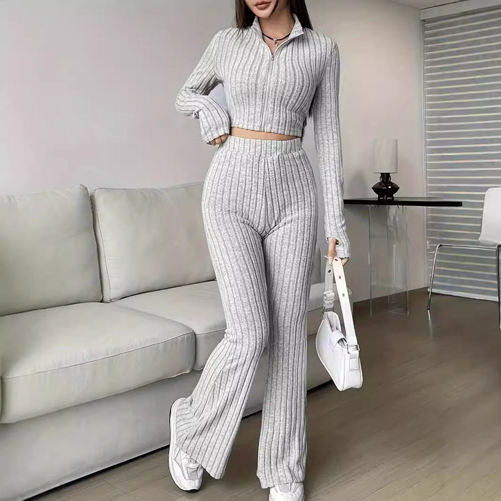 Dame Strik-Loungewear-Sæt med cropped top og løstsiddende bukser Stilla