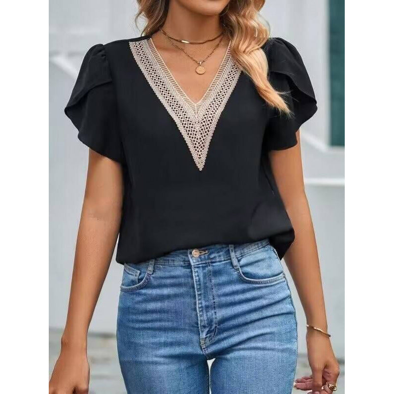 Femme Elegante V-udskæring bluse med flæseærmer Stilla