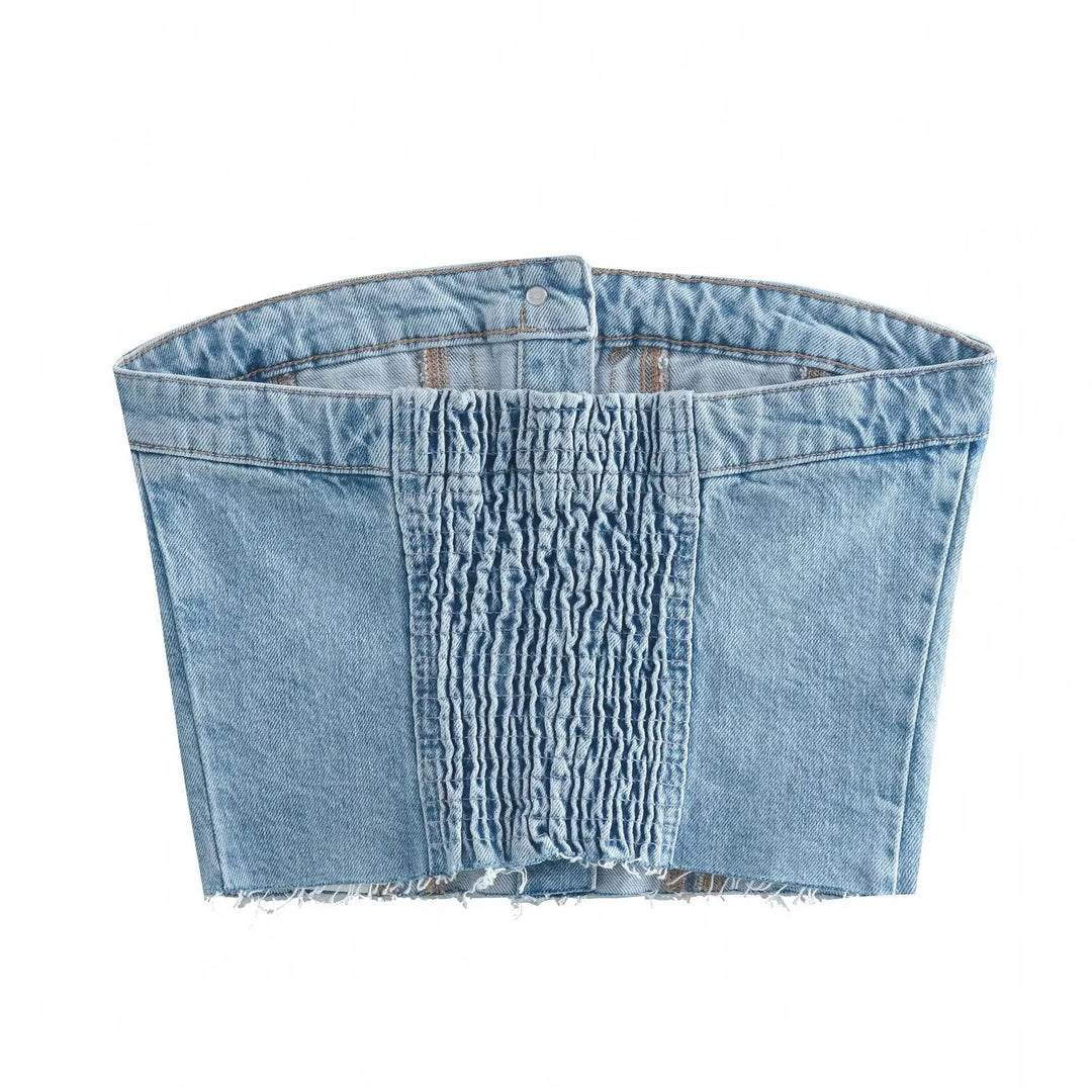 Dame Denim Bustier-top med knaplukning og tætsiddende pasform Skovae