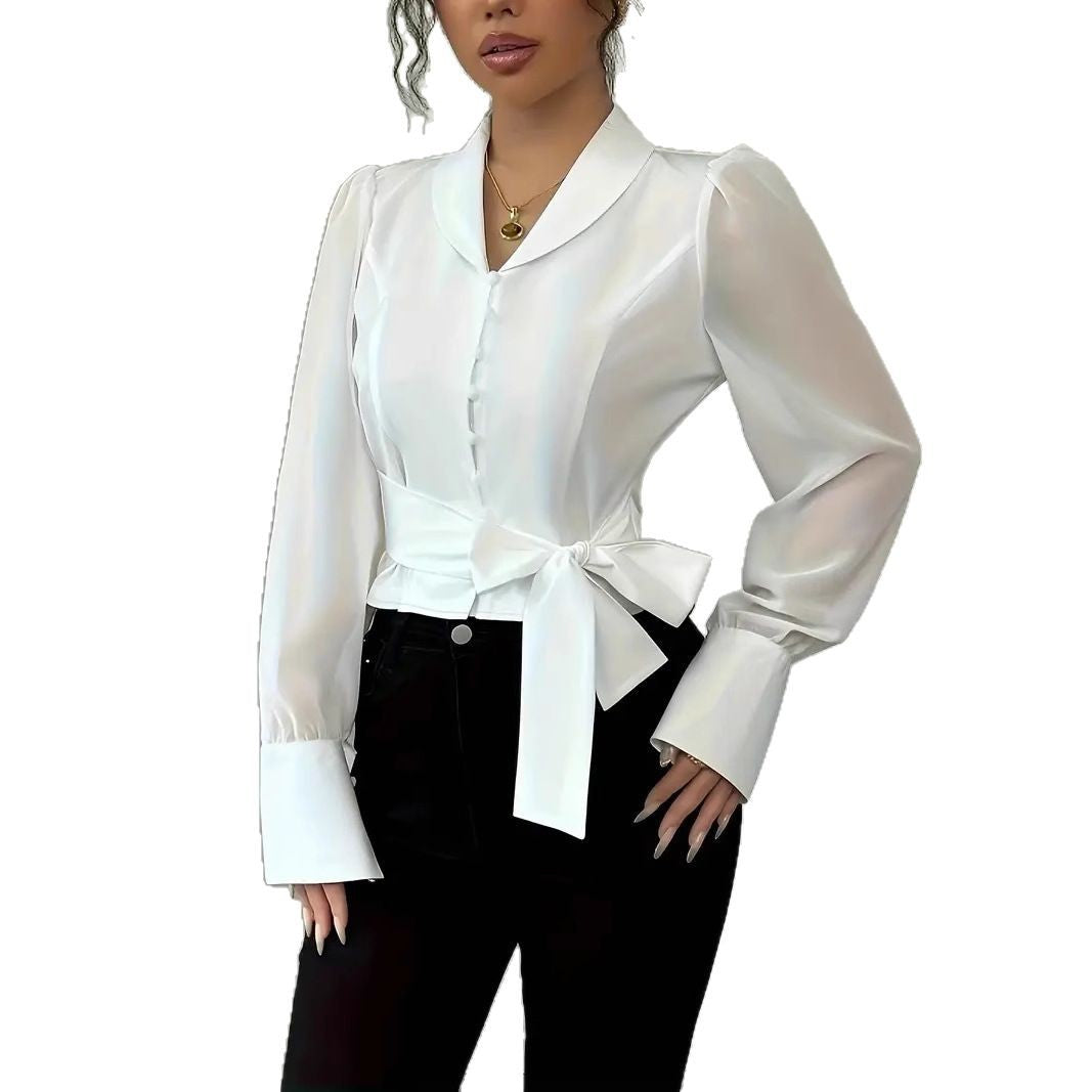 Dame elegant bluse med figursyet snit og legende sløjfedetalje Stilla