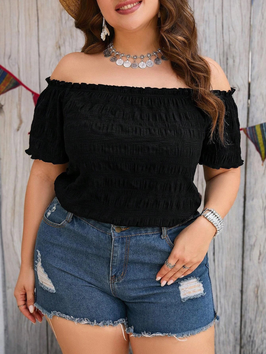 Damer Off-Shoulder Bluse med flæser og elastiske detaljer Stilla