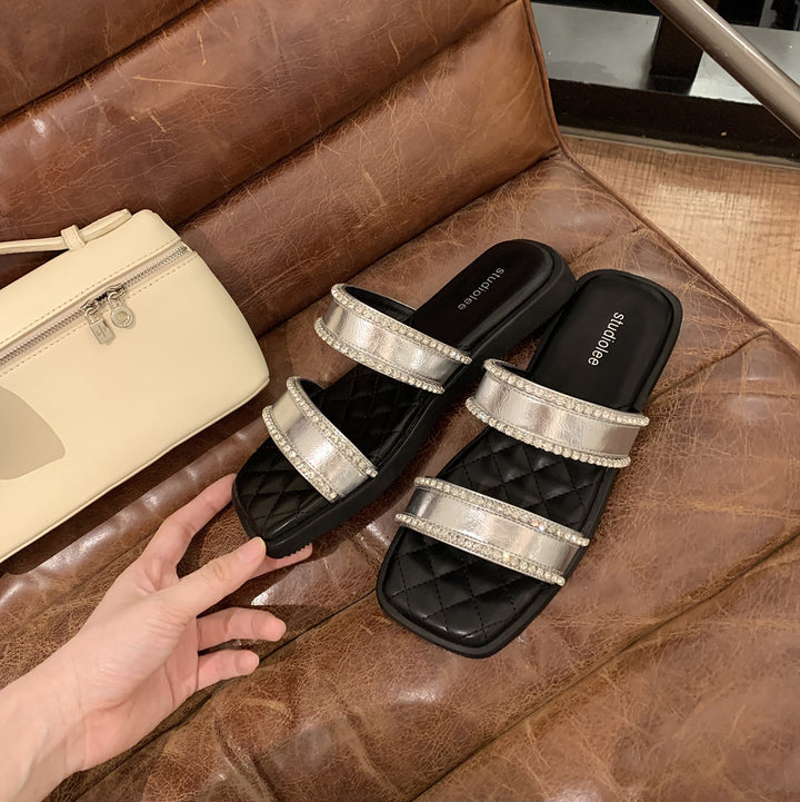 Dame quiltede Slide-sandaler med strassaccent Stilla