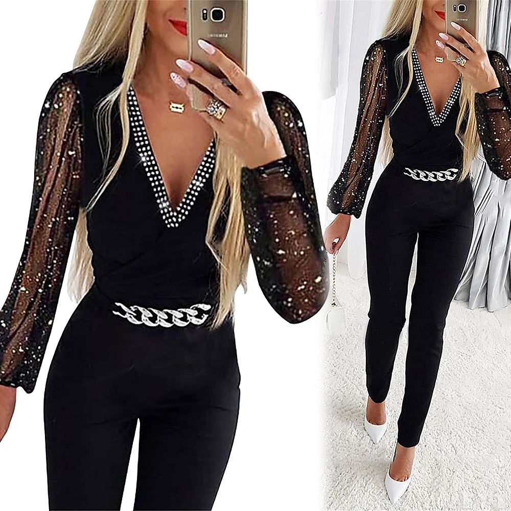 Dame elegant jumpsuit med gennemsigtige ærmer Stilla